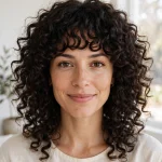 A woman with voluminous natural curls and a full, defined curly fringe, smiling softly at the camera in a bright, airy room with soft daylight from a large window.