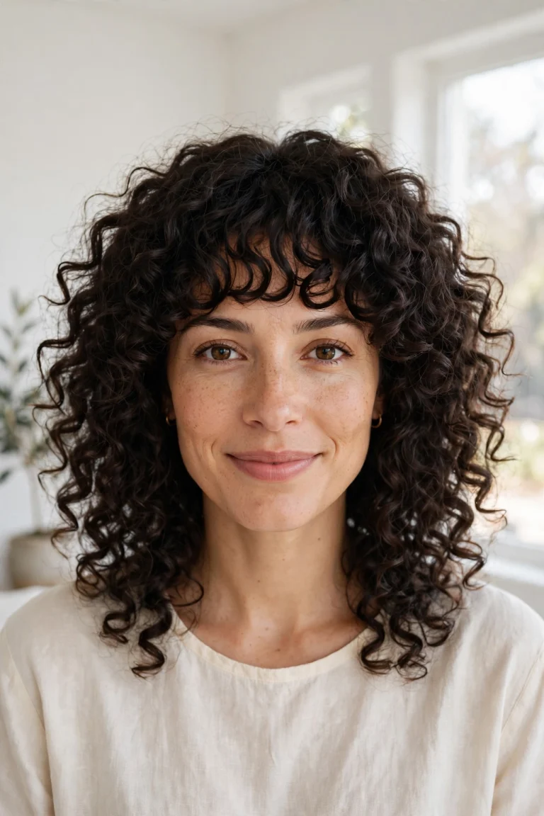 A woman with voluminous natural curls and a full, defined curly fringe, smiling softly at the camera in a bright, airy room with soft daylight from a large window.