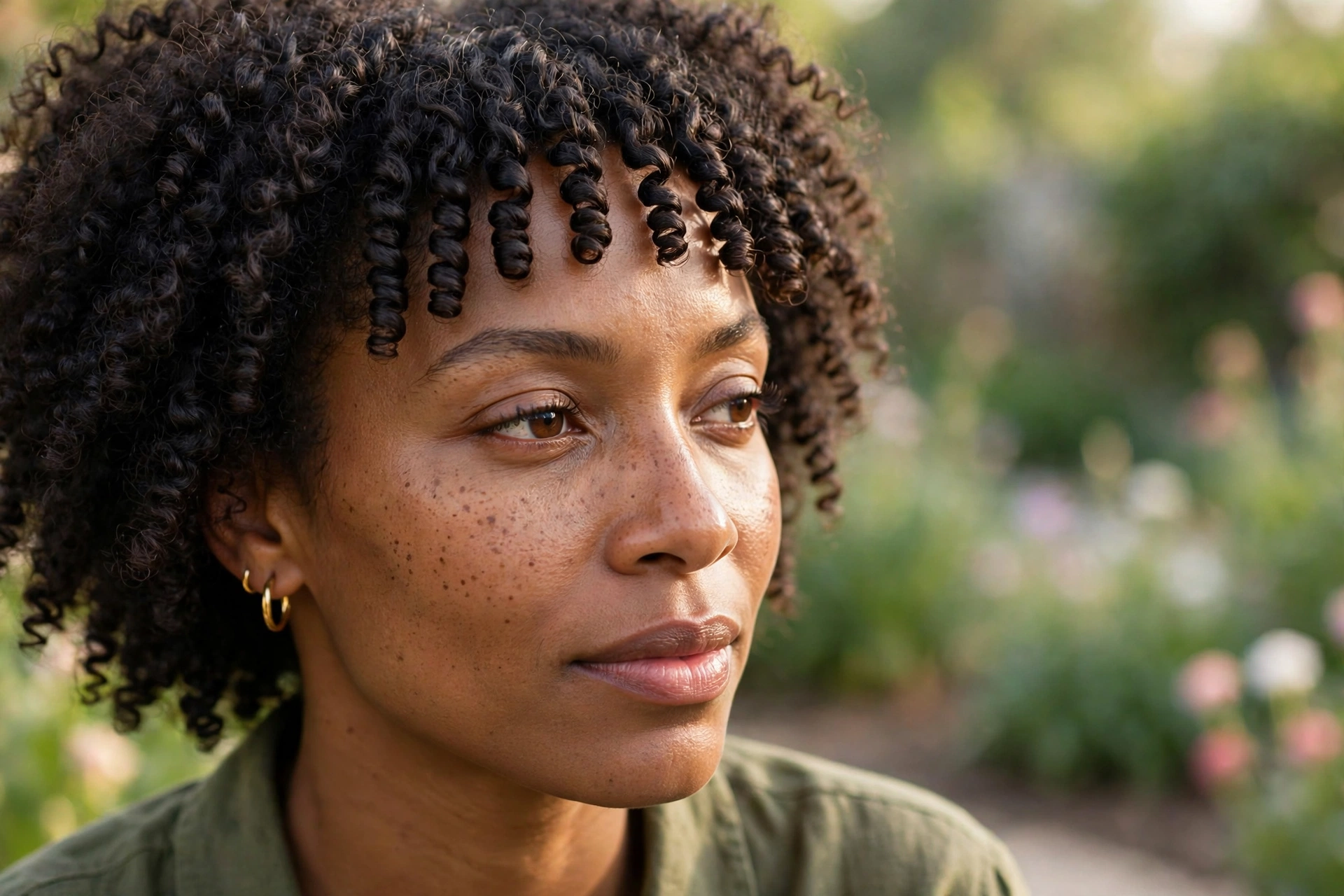 Close-up, three-quarter view of a woman with tight coil curls and a short, sculpted curly fringe, outdoors in gentle morning light against a soft, blurred garden background.