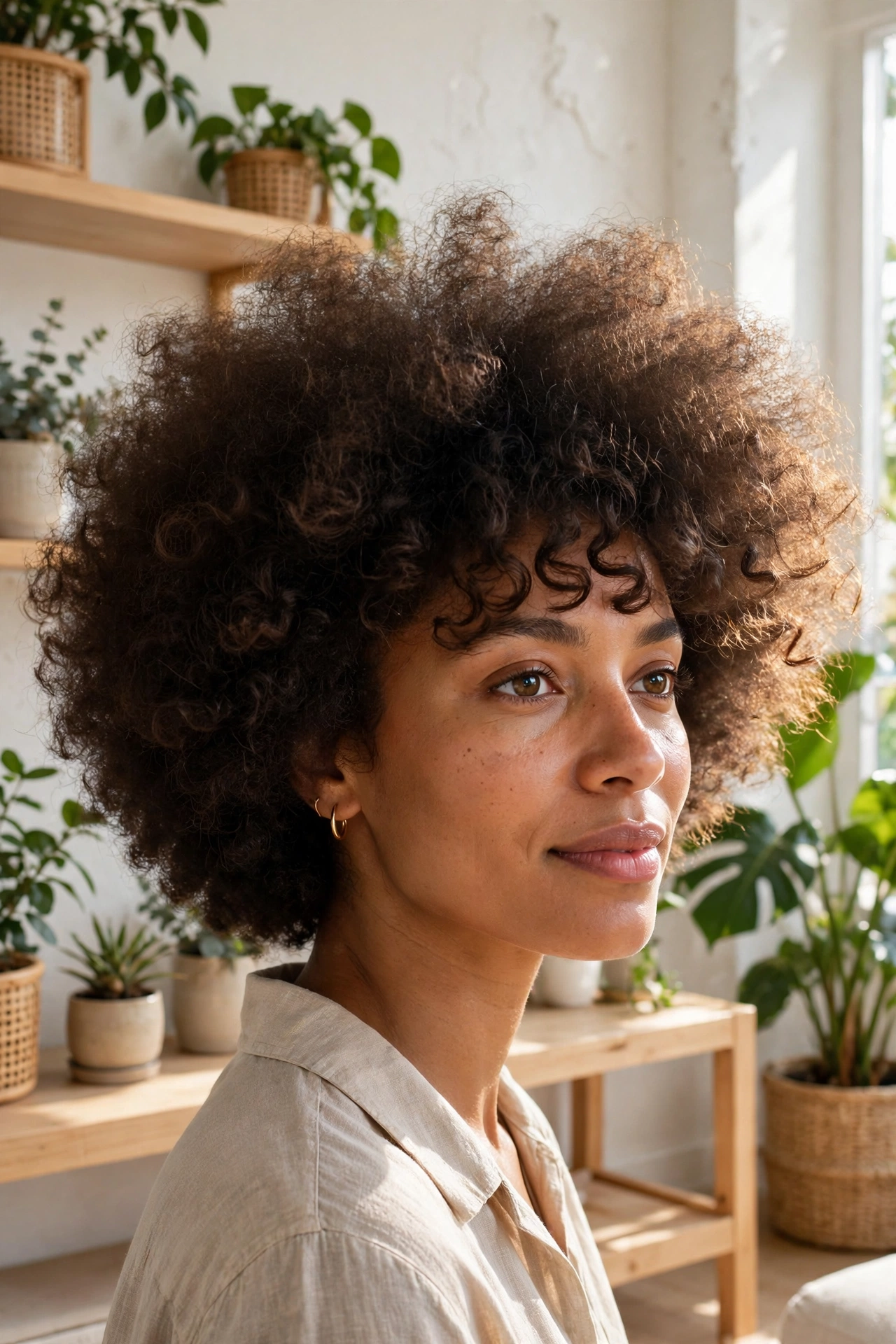 A woman with a rounded afro and a soft curly fringe, standing in a bright, modern living room with light wooden furniture and plants.