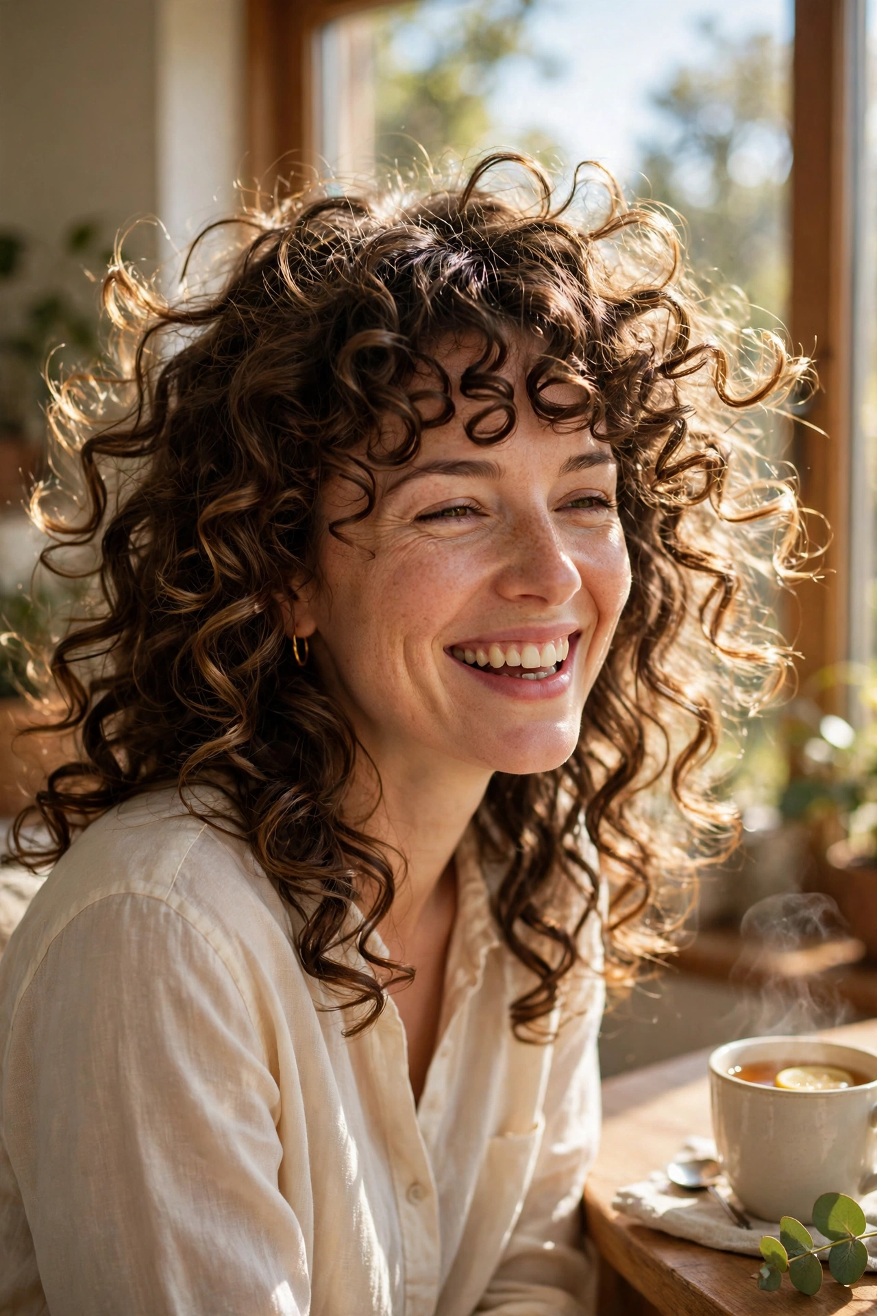 A woman with springy spiral curls and a bouncy curly fringe, laughing gently while sitting by a sunny window with a cup of tea on a nearby table.
