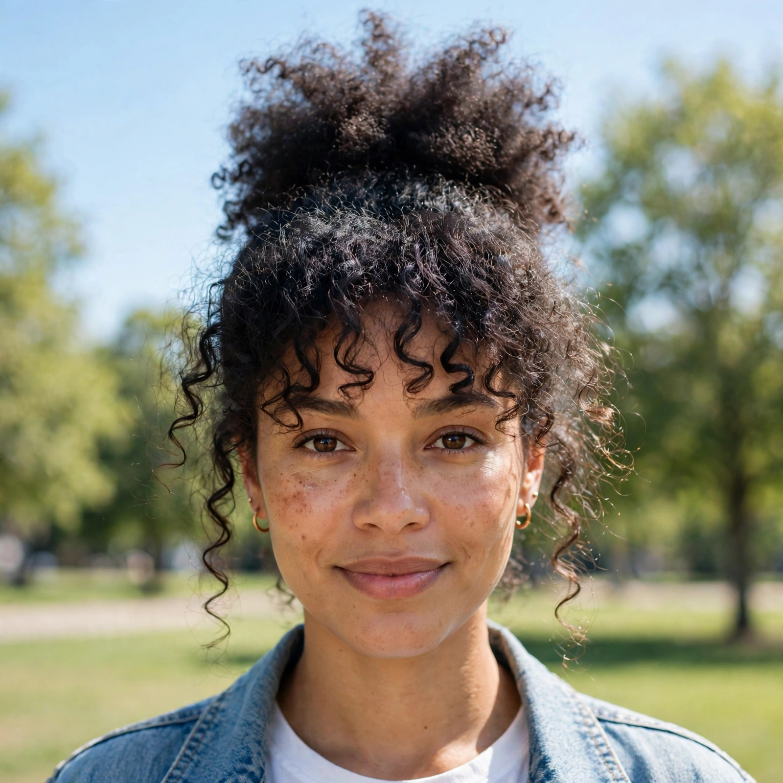 A woman with a high puff hairstyle and a loose curly fringe, outdoors on a bright, clear day in a park with soft green trees blurred in the background.
