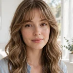 A woman with long, soft wavy hair and a gentle wavy fringe, standing in a bright, sunlit room with white walls and a large window. She wears a light blue blouse and looks softly at the camera. Front-facing, chest-up portrait, clean bright style, soft waves and fringe clearly visible.
