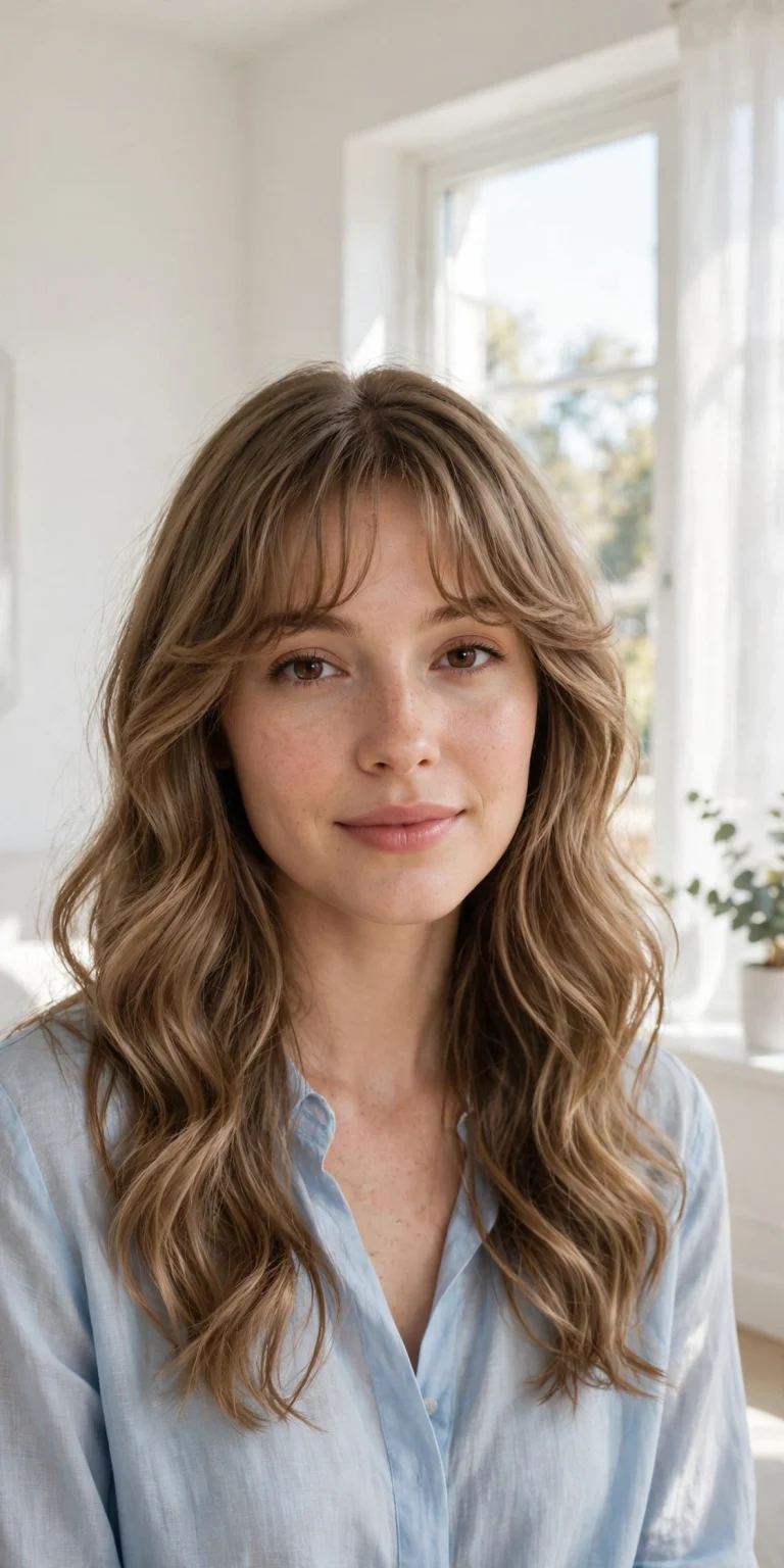 A woman with long, soft wavy hair and a gentle wavy fringe, standing in a bright, sunlit room with white walls and a large window. She wears a light blue blouse and looks softly at the camera. Front-facing, chest-up portrait, clean bright style, soft waves and fringe clearly visible.