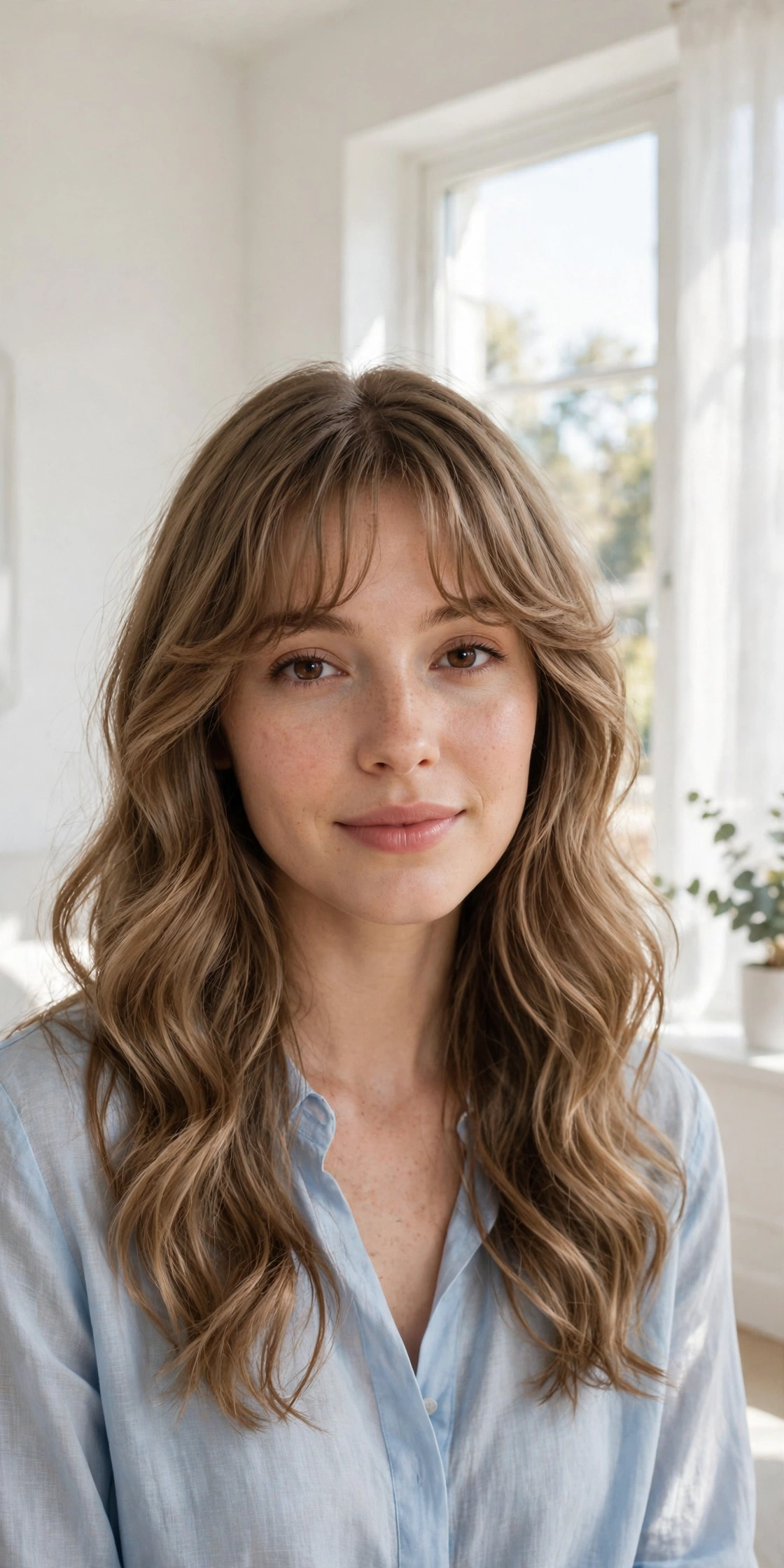 A woman with long, soft wavy hair and a gentle wavy fringe, standing in a bright, sunlit room with white walls and a large window. She wears a light blue blouse and looks softly at the camera. Front-facing, chest-up portrait, clean bright style, soft waves and fringe clearly visible.