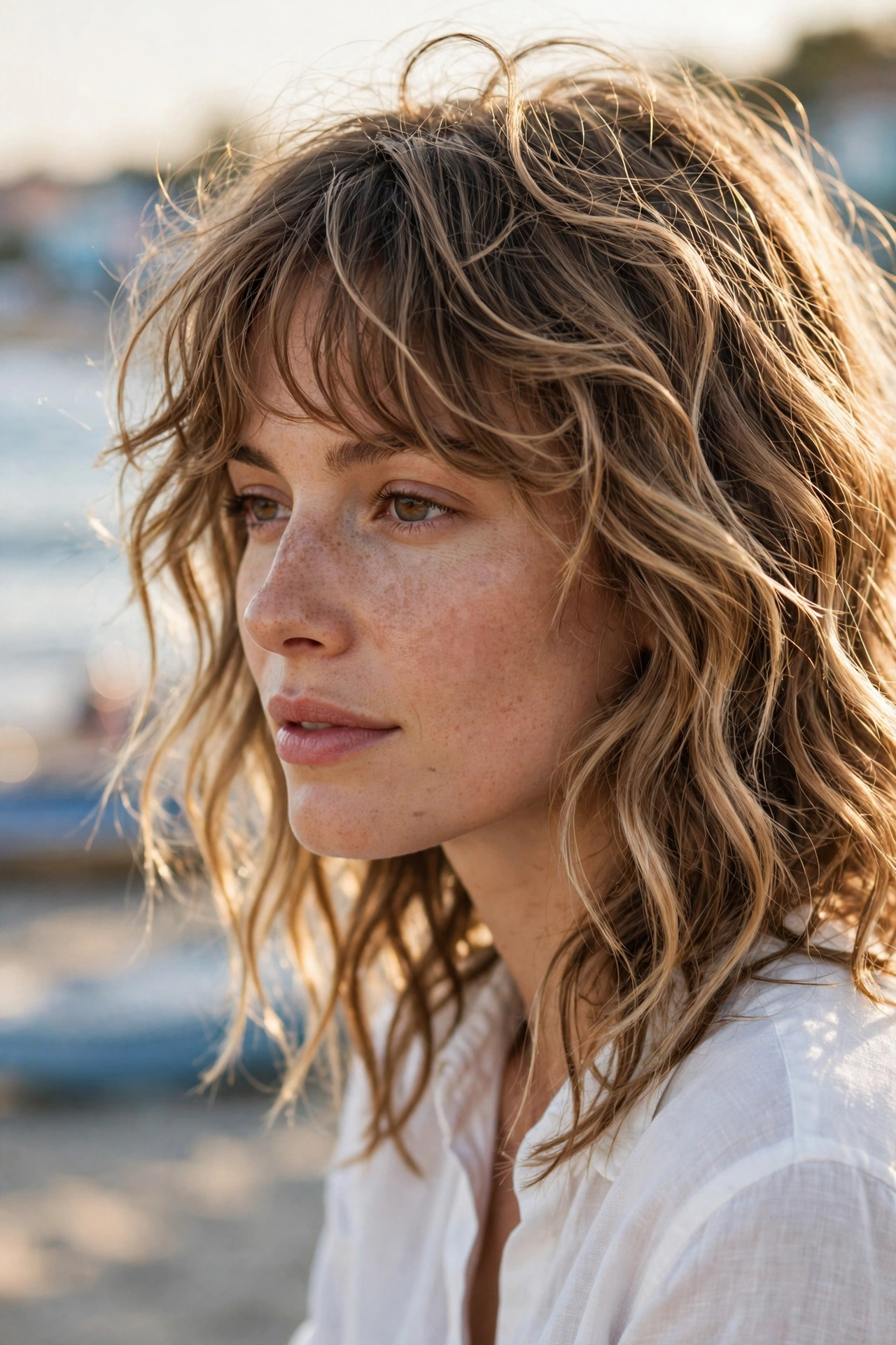 Close-up, three-quarter view of a woman with loose beach waves and a tousled wavy fringe, outdoors in soft golden daylight with a blurred seaside background. Focus on the relaxed bends of the fringe, clean bright style.