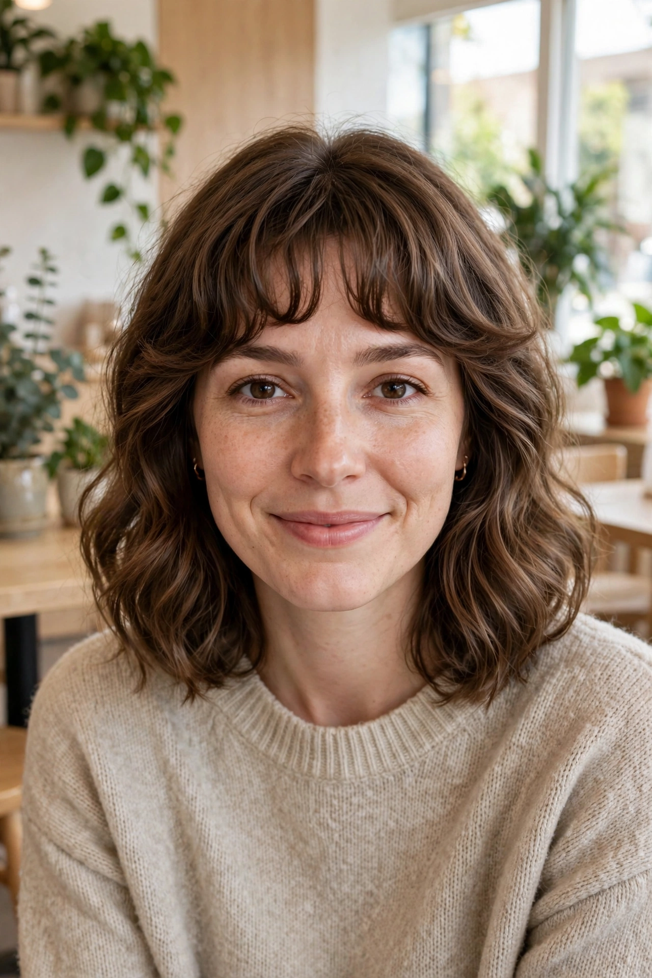 A woman with a shoulder-length wavy cut and a soft, rounded wavy fringe, sitting in a bright café with light wooden tables and plants. Shoulders up, facing the camera with a gentle smile, natural daylight.