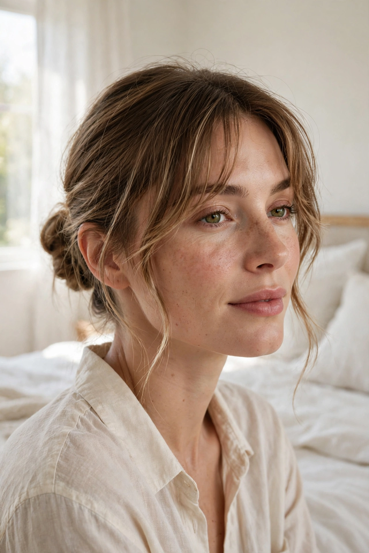 A woman with a low bun and a loose wavy fringe with a few soft pieces around her face, in a bright, airy bedroom with white bedding and morning light. Relaxed, chest-up portrait showing the contrast between the neat bun and the soft fringe.