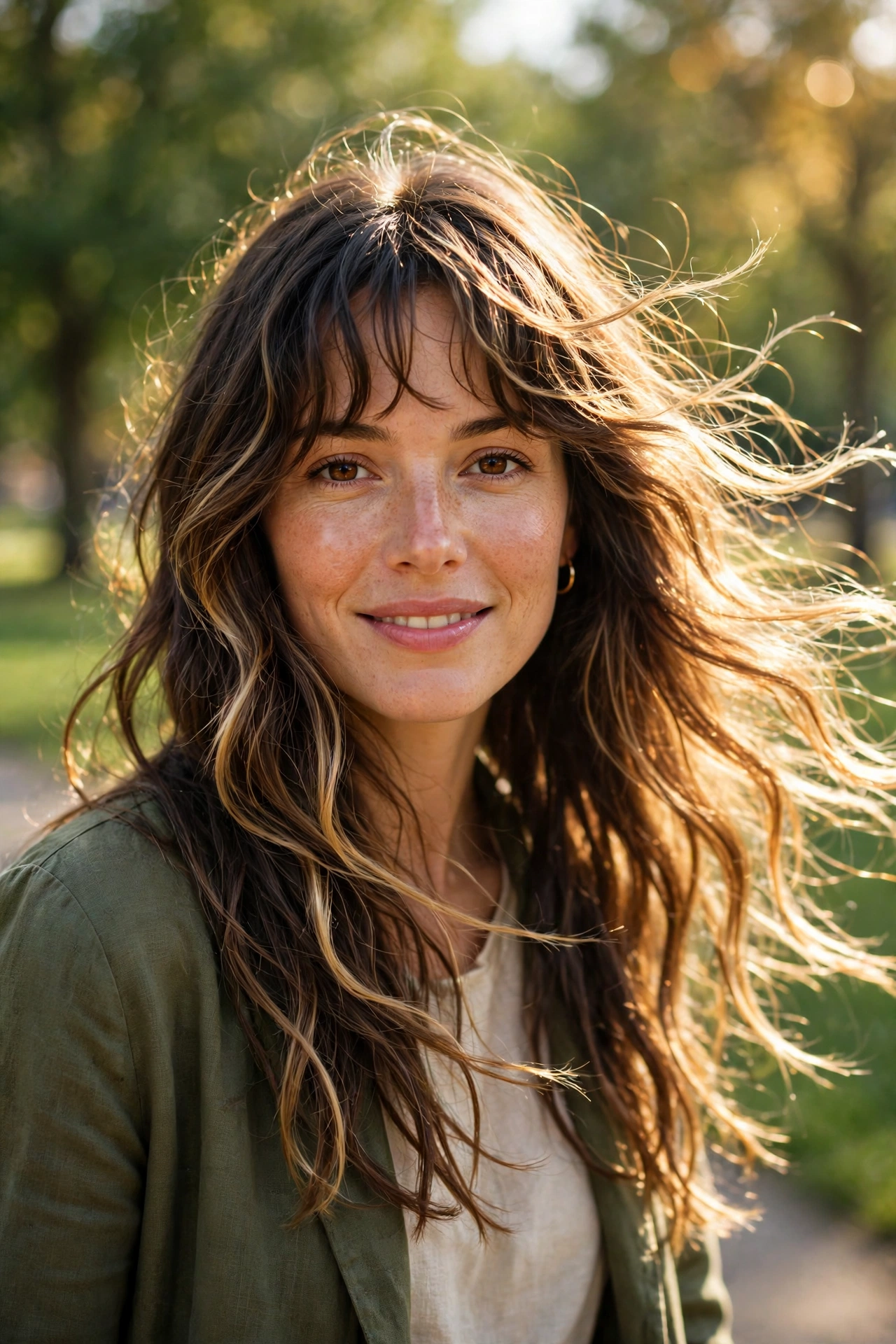 A woman with long, flowing wavy hair and a wavy fringe with sunlit highlights, walking outdoors in a bright park with green trees softly blurred behind her. Front view, shoulders up, daylight highlighting the dimension and movement of the waves.