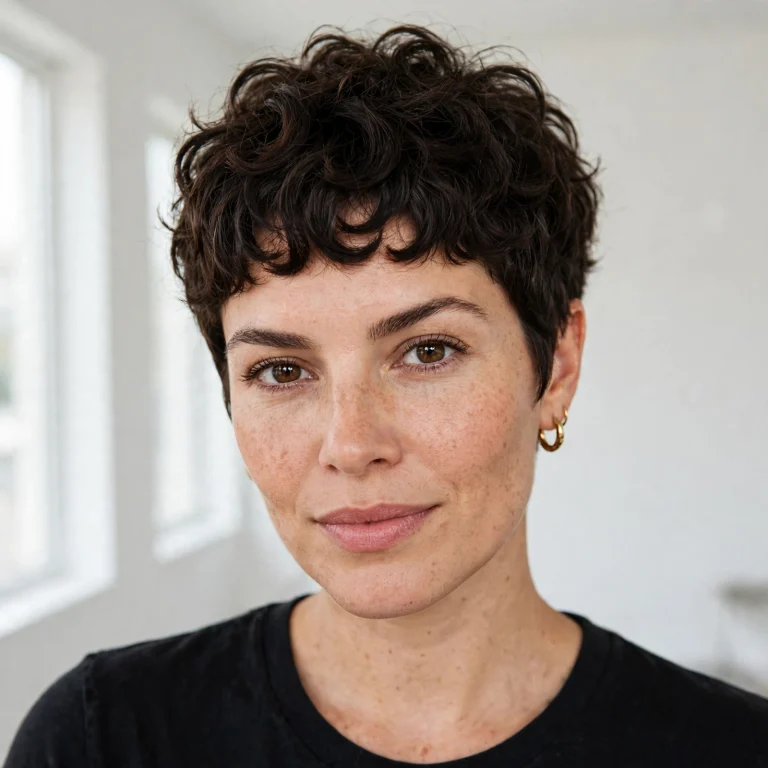 A woman with a short, textured curly pixie cut and bold short curly bangs, looking confidently at the camera in a bright, modern studio with white walls and soft daylight. She wears a simple black top. Front-facing, chest-up portrait, clean bright style, short curly bangs clearly in focus.