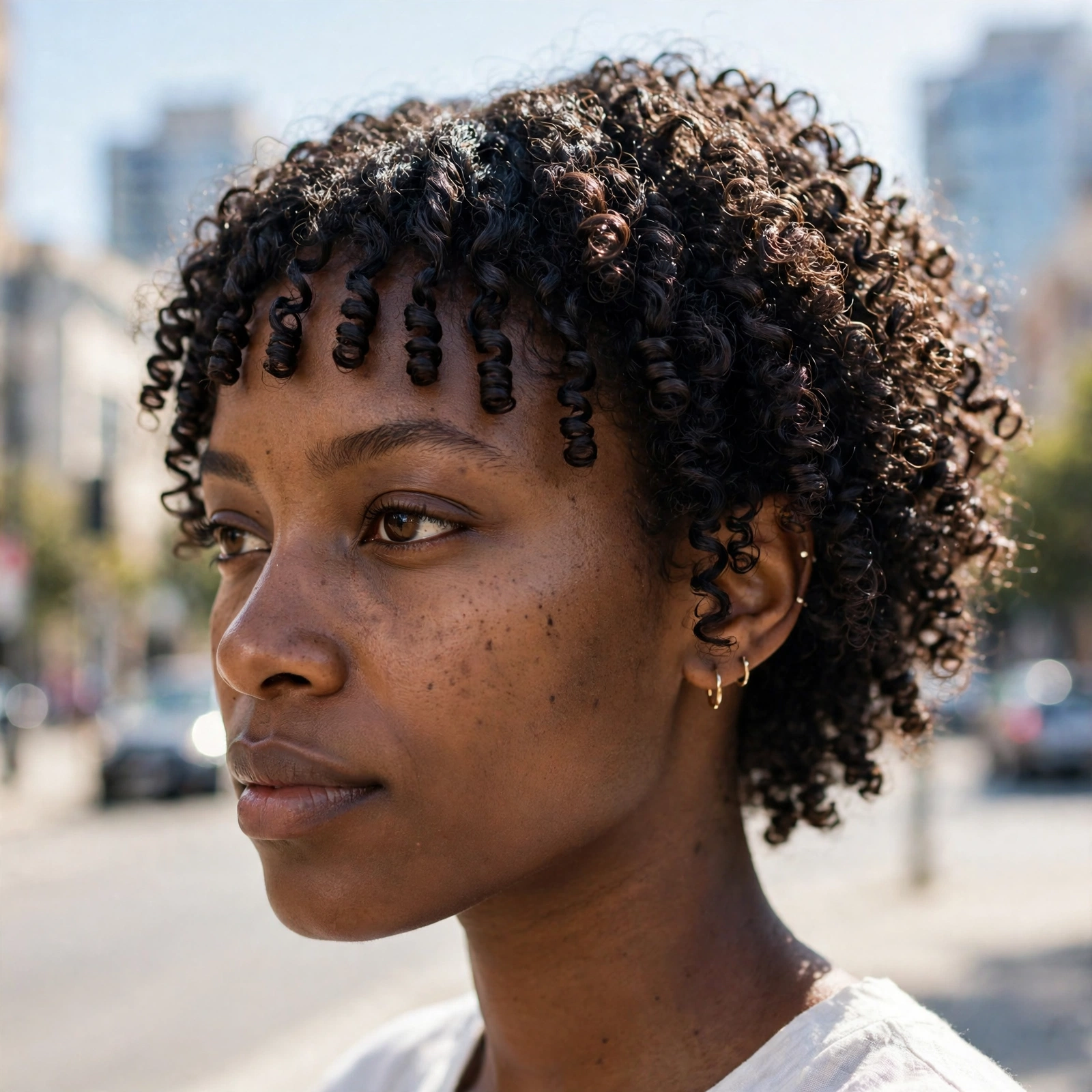 Close-up, three-quarter view of a woman with tight coil curls and very short micro curly bangs, outdoors in bright daylight against a soft, blurred city background. Focus on the sculpted, compact fringe, clean bright style.