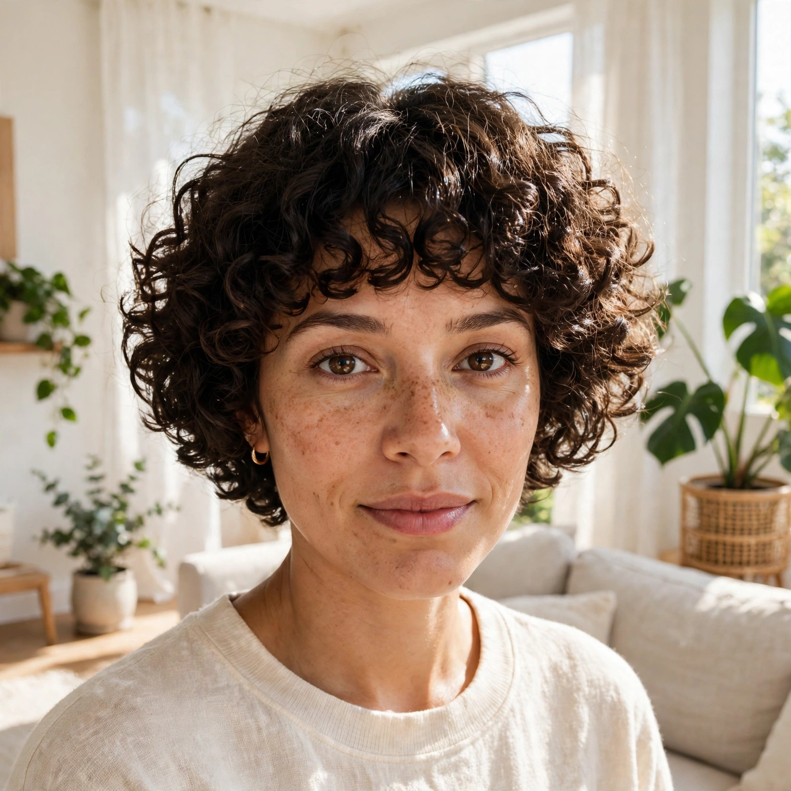A woman with a rounded short curly bob and chunky short curly bangs, standing in a bright, airy living room with light furniture and plants. Shoulders up, facing the camera, natural daylight highlighting the curl texture.