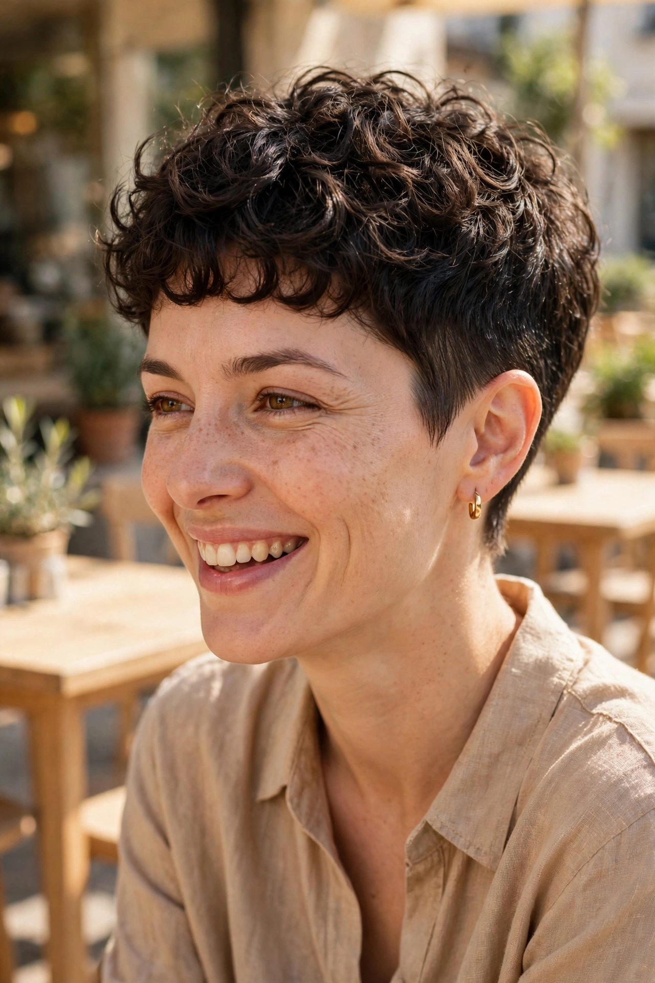 A woman with a tapered short cut and full short curly bangs, laughing softly while sitting in a sunny café with light wooden tables. Relaxed, chest-up portrait in warm, bright daylight, showing the contrast between the neat taper and the textured bangs.