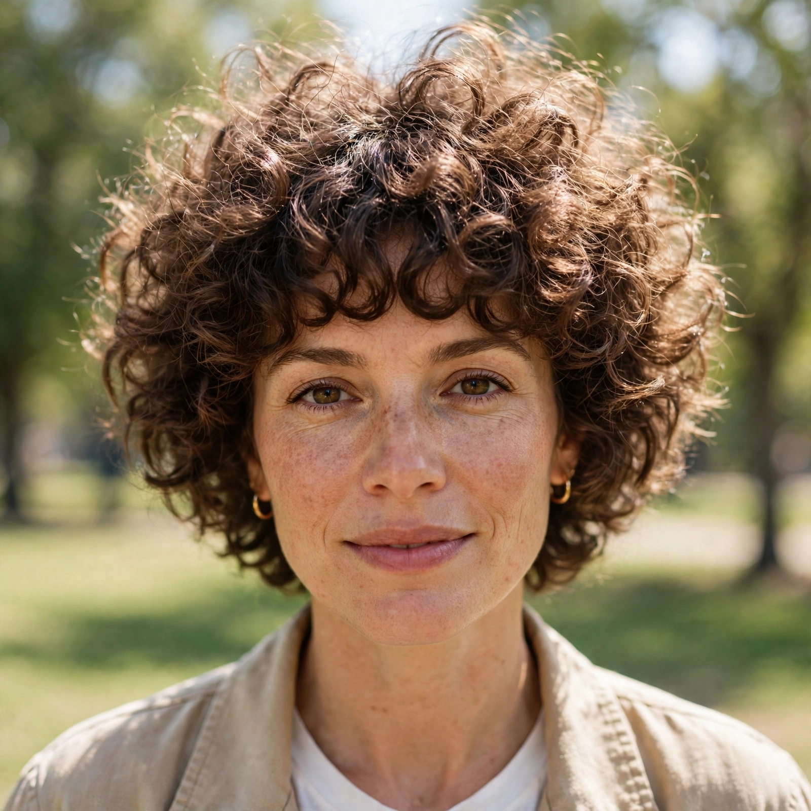 A woman with a short curly cut and a fluffy, voluminous short curly fringe, outdoors on a bright day in a park with soft green trees blurred behind her. Front view, shoulders up, bold texture of the bangs clearly visible.