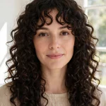 A woman with long, voluminous curly hair and long curly bangs framing her face, standing in a bright, sunlit room with white walls and a large window. She wears a soft beige top and looks gently at the camera. Front-facing, chest-up portrait, clean bright style, long, face-framing curls clearly visible.