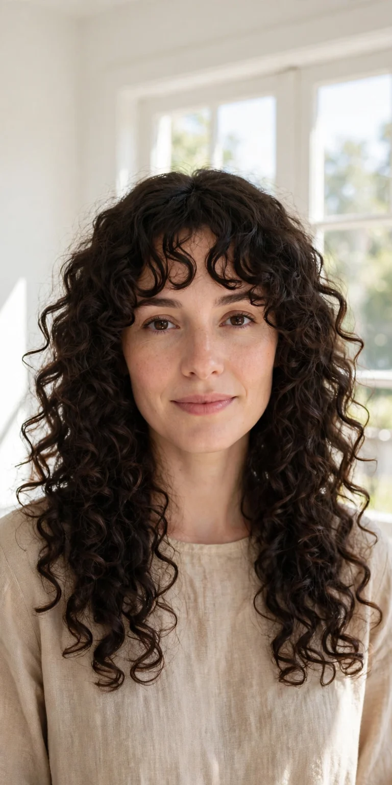 A woman with long, voluminous curly hair and long curly bangs framing her face, standing in a bright, sunlit room with white walls and a large window. She wears a soft beige top and looks gently at the camera. Front-facing, chest-up portrait, clean bright style, long, face-framing curls clearly visible.