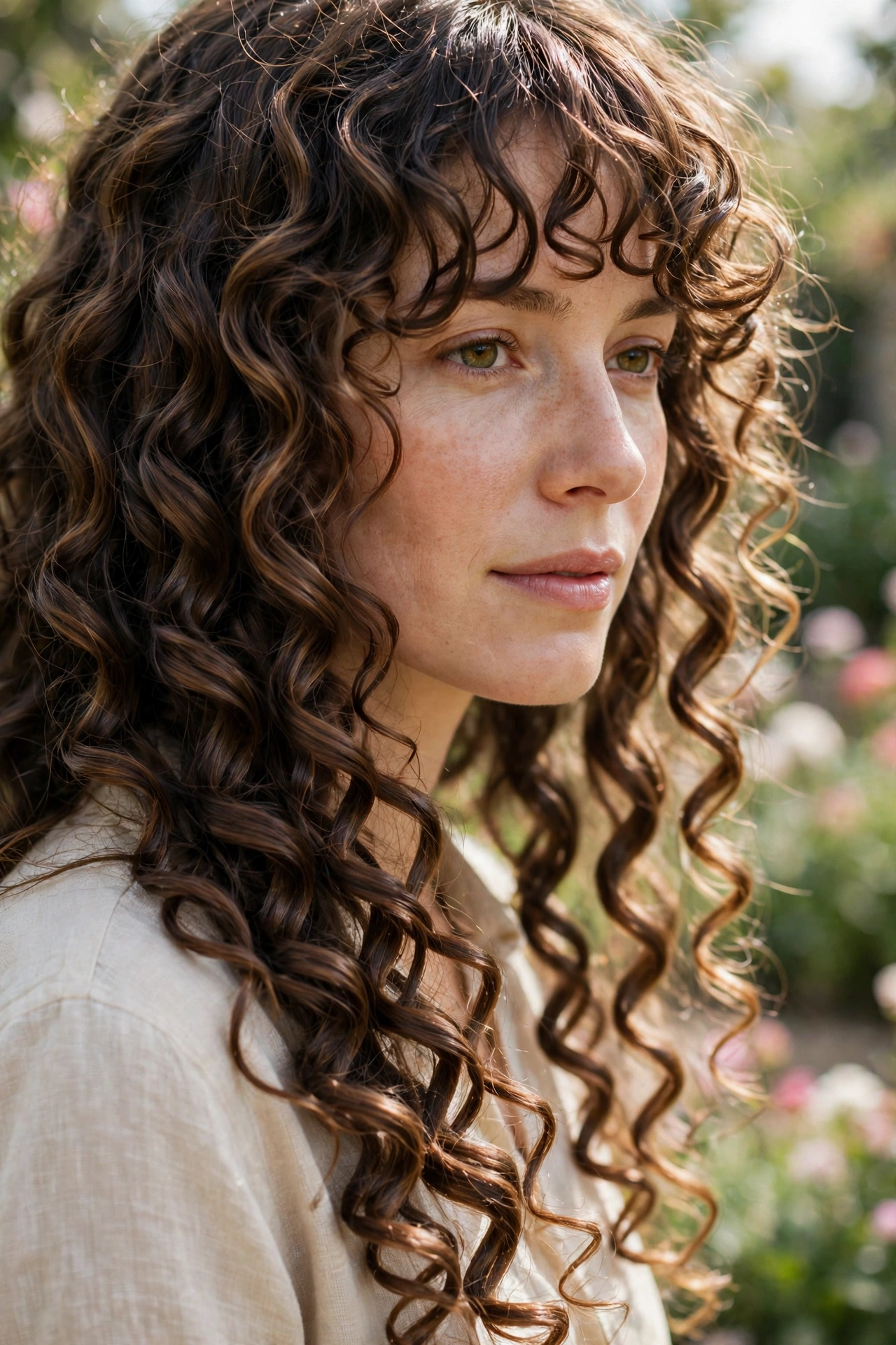 Close-up, three-quarter view of a woman with long spiral curls and long curly bangs falling past her eyebrows, outdoors in soft daylight with a blurred garden background. Focus on the flowing spiral texture, clean bright style.