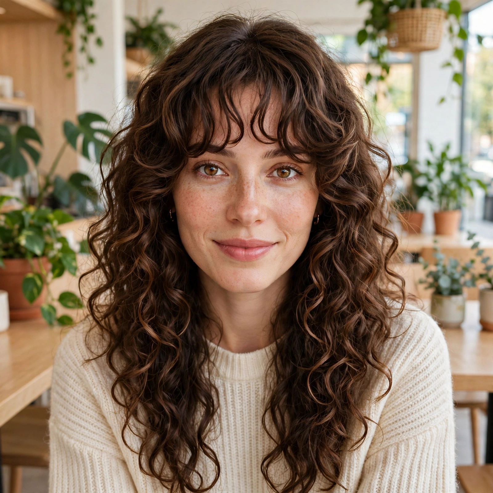 A woman with long curly hair, face-framing layers, and long curly bangs, sitting in a bright café with light wooden tables and plants. Shoulders up, facing the camera with a soft smile, natural daylight.