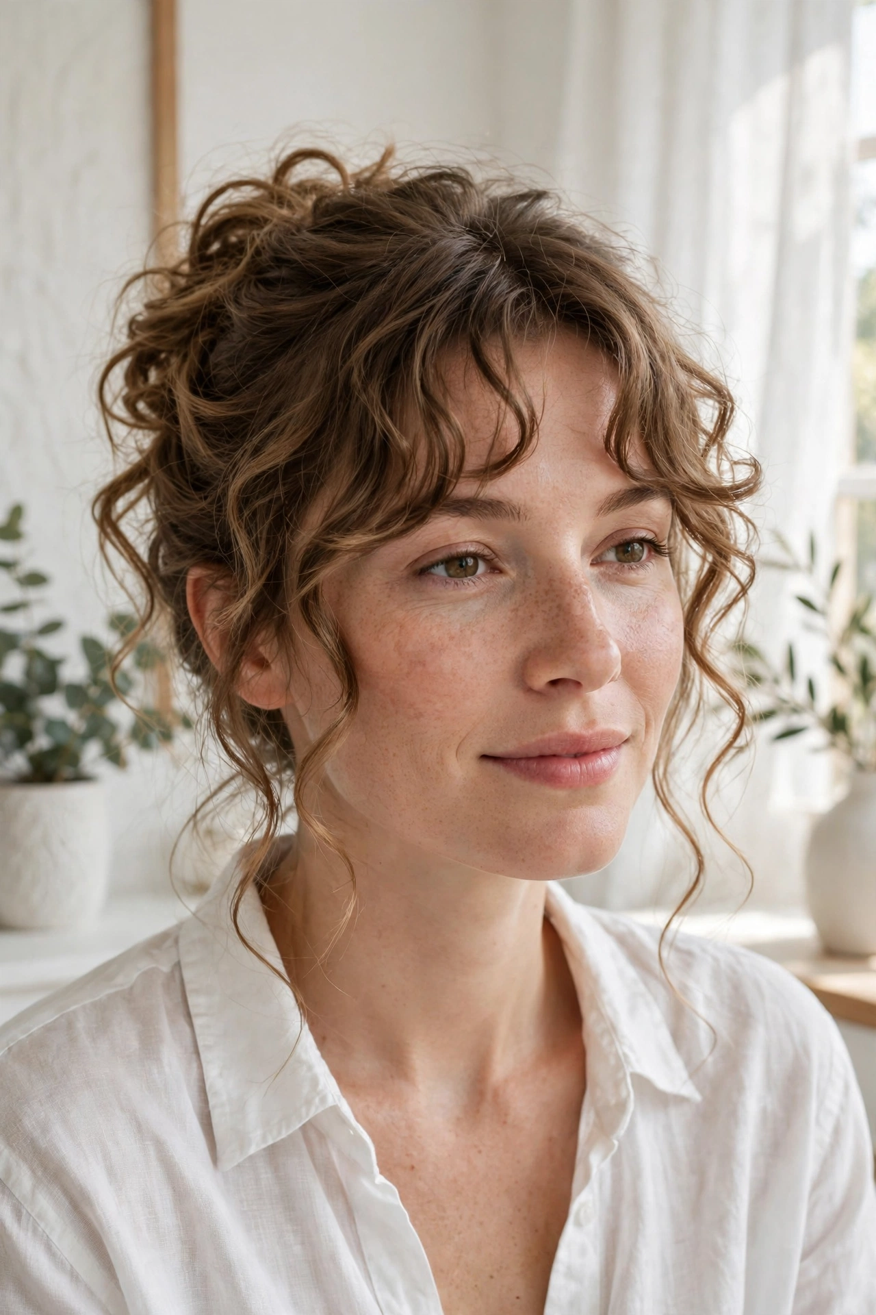 A woman with a loose, romantic updo and long curly bangs left free around her face, in a bright, airy room with white decor and morning light. Relaxed, chest-up portrait showing the soft contrast between the updo and the framing curls.
