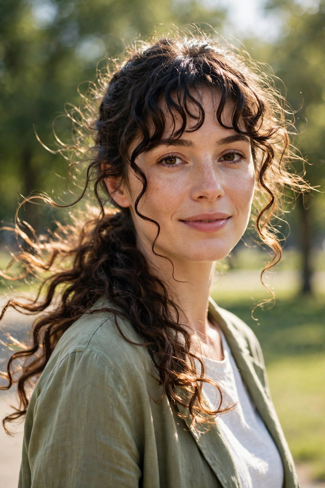 A woman with a low ponytail and long curly bangs with a few loose curls around her face, walking outdoors in a bright park with green trees softly blurred behind her. Front view, shoulders up, daylight highlighting the length and movement of the curls.
