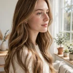 long softly waved light brown hair with ultra-fine subtle babylights, bright airy room near a large window, three-quarter front angle