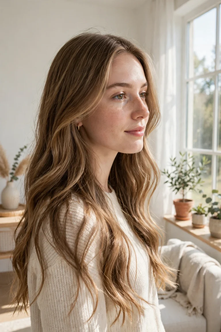 long softly waved light brown hair with ultra-fine subtle babylights, bright airy room near a large window, three-quarter front angle