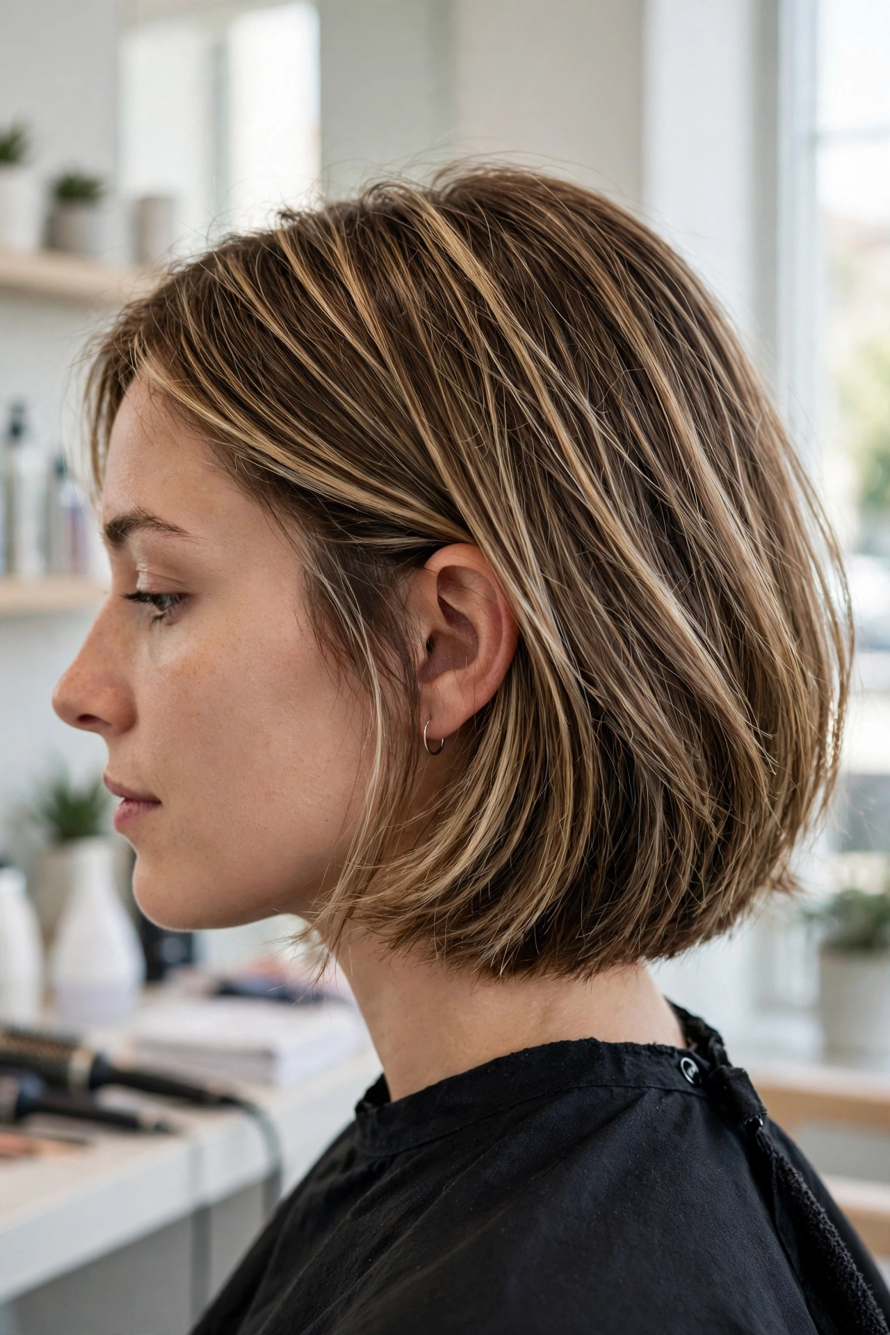 close-up side view of a shoulder-length bob with delicate babylights woven through the top layers, bright modern salon