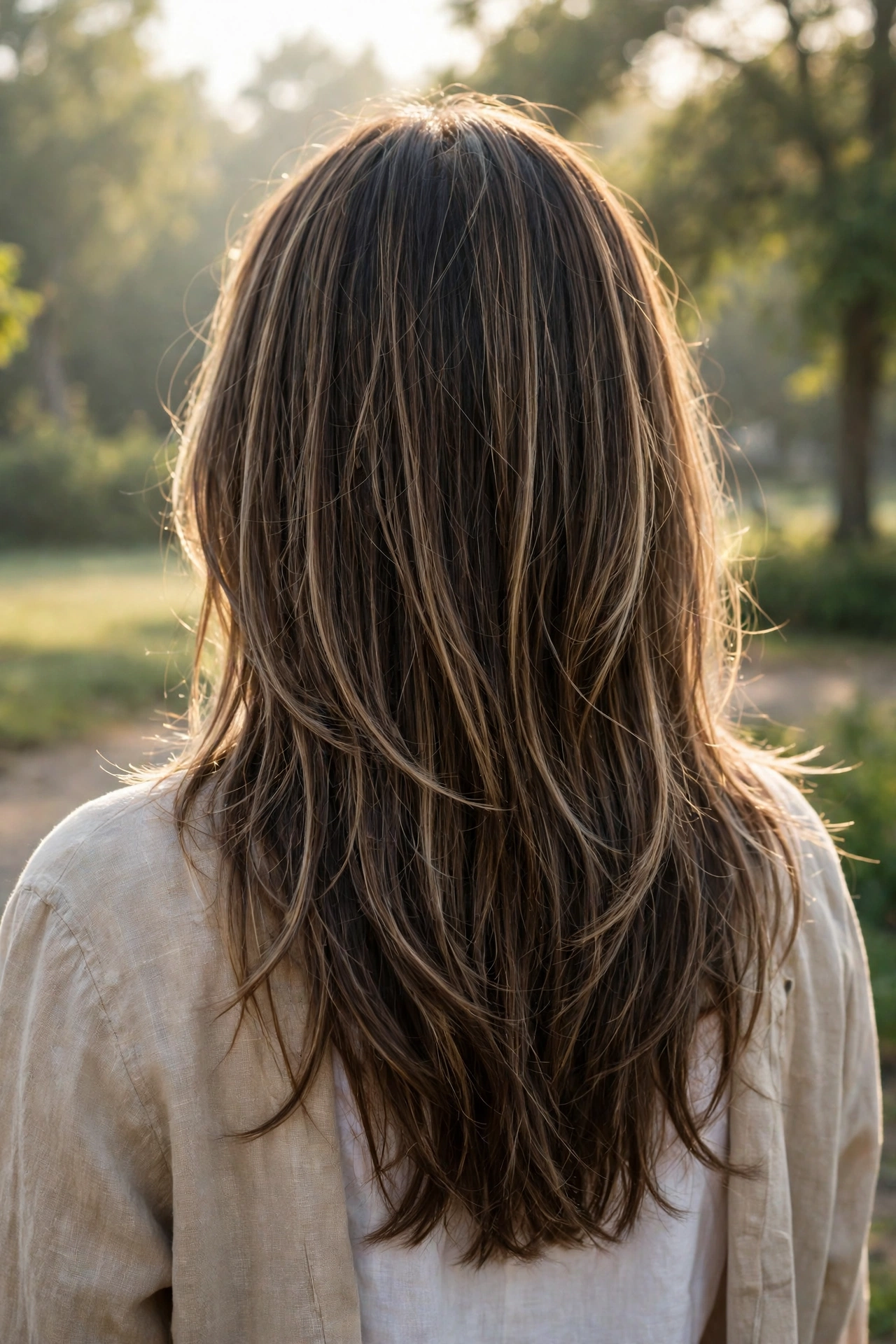 long layered hair with fine babylights seen from behind, outdoors in gentle morning sunlight