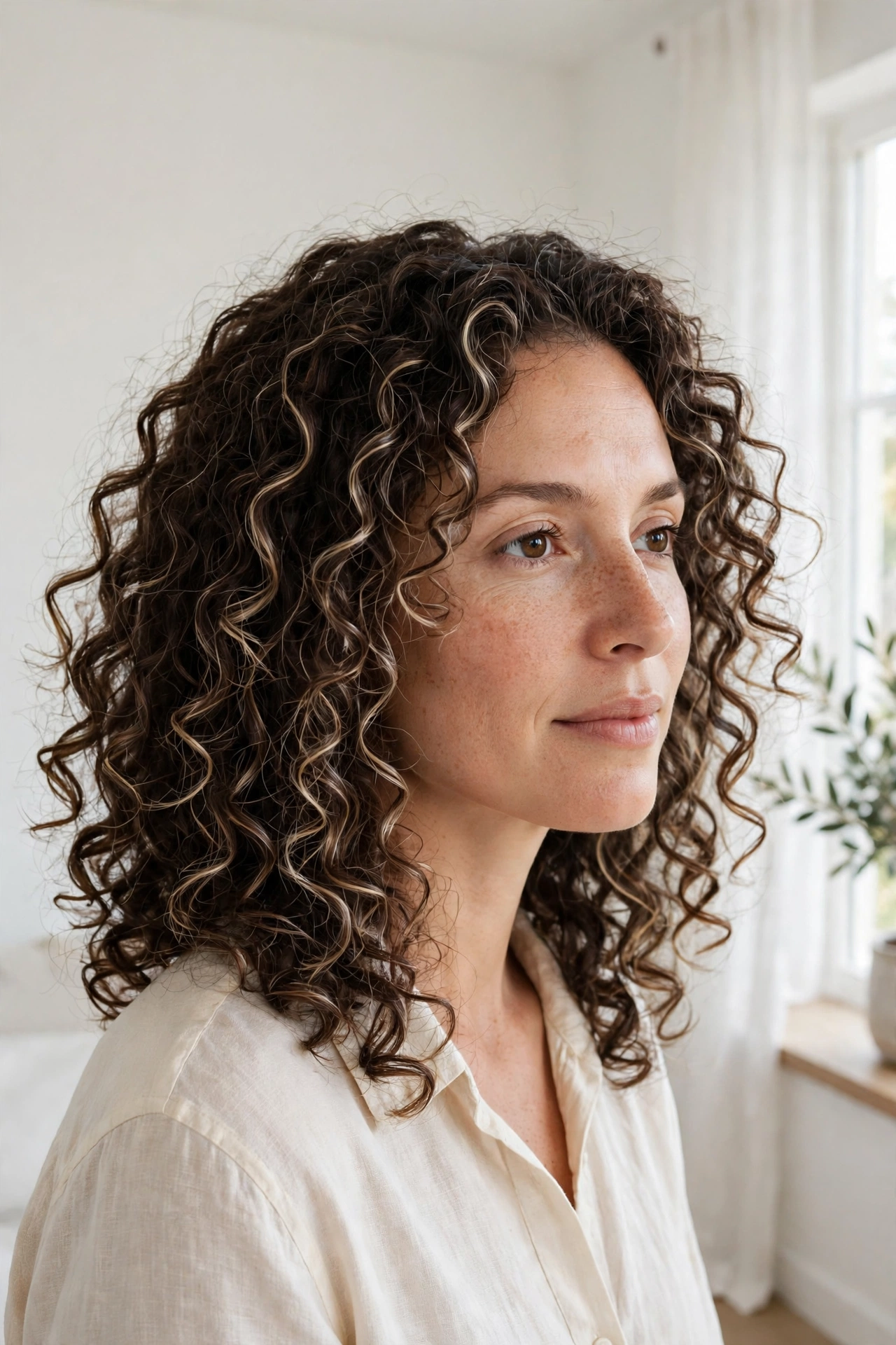 curly hair with fine babylights following individual curls, front three-quarter angle, bright room with white walls