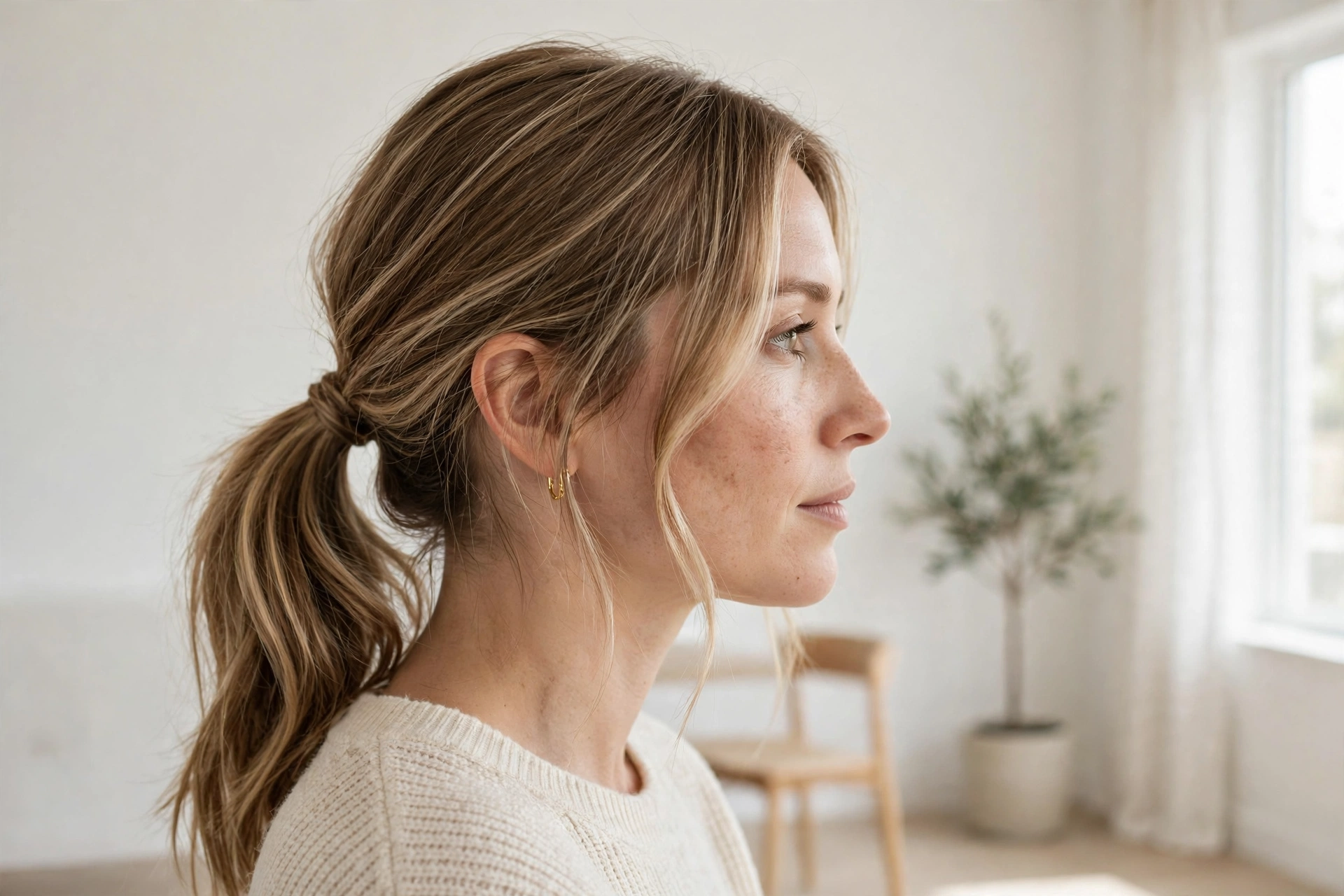 low ponytail showing subtle babylights wrapped through the gathered hair and loose face-framing strands, bright minimal interior, side view