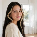 long dark hair with a bright face-framing money piece on both sides, bright modern room with white walls, front three-quarter angle