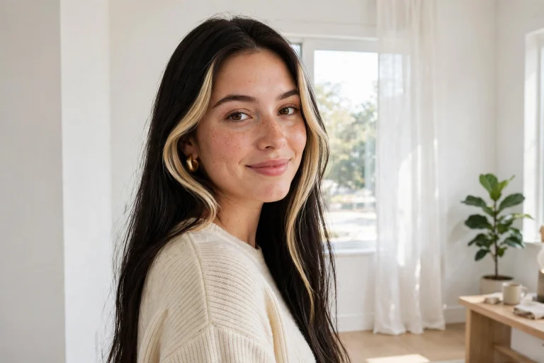 long dark hair with a bright face-framing money piece on both sides, bright modern room with white walls, front three-quarter angle