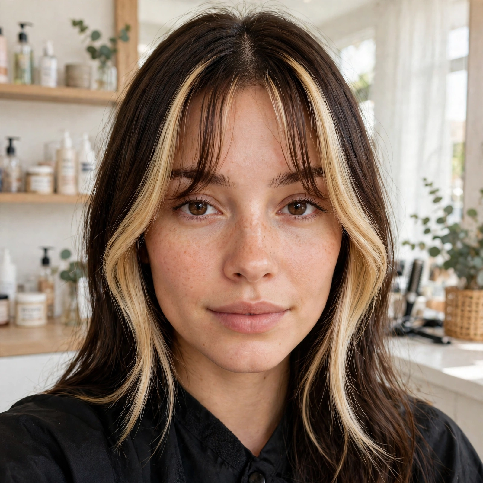 close-up front view, middle part, bright money piece highlights framing the face with curtain bangs, bright salon