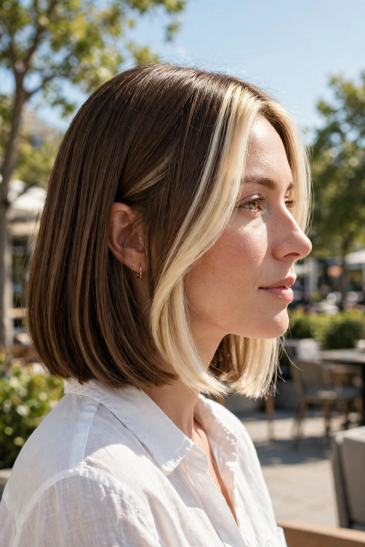 shoulder-length bob with a bold money piece at the jawline, side angle outdoors in bright daylight