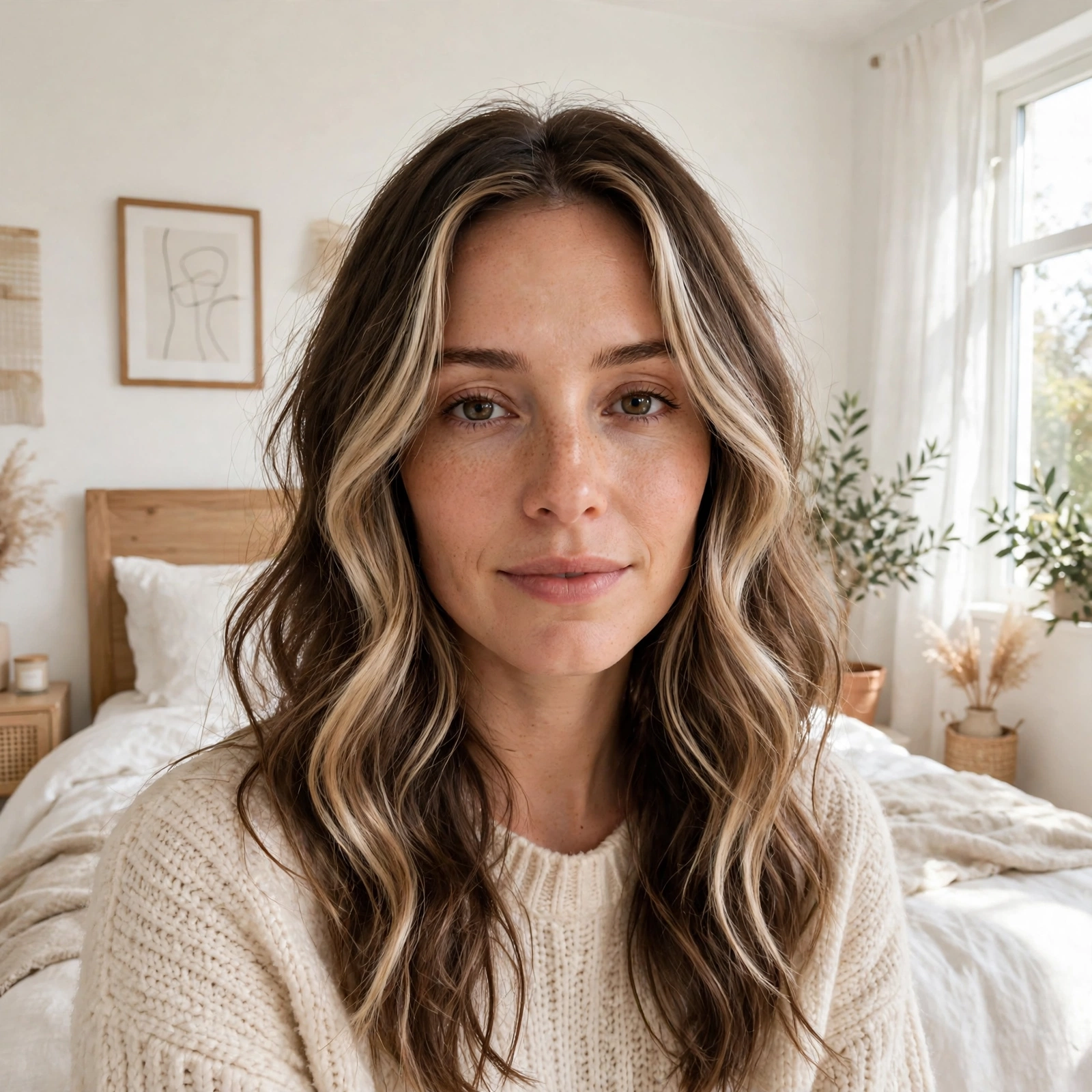 loose wavy hair with a soft money piece, front angle, bright airy bedroom