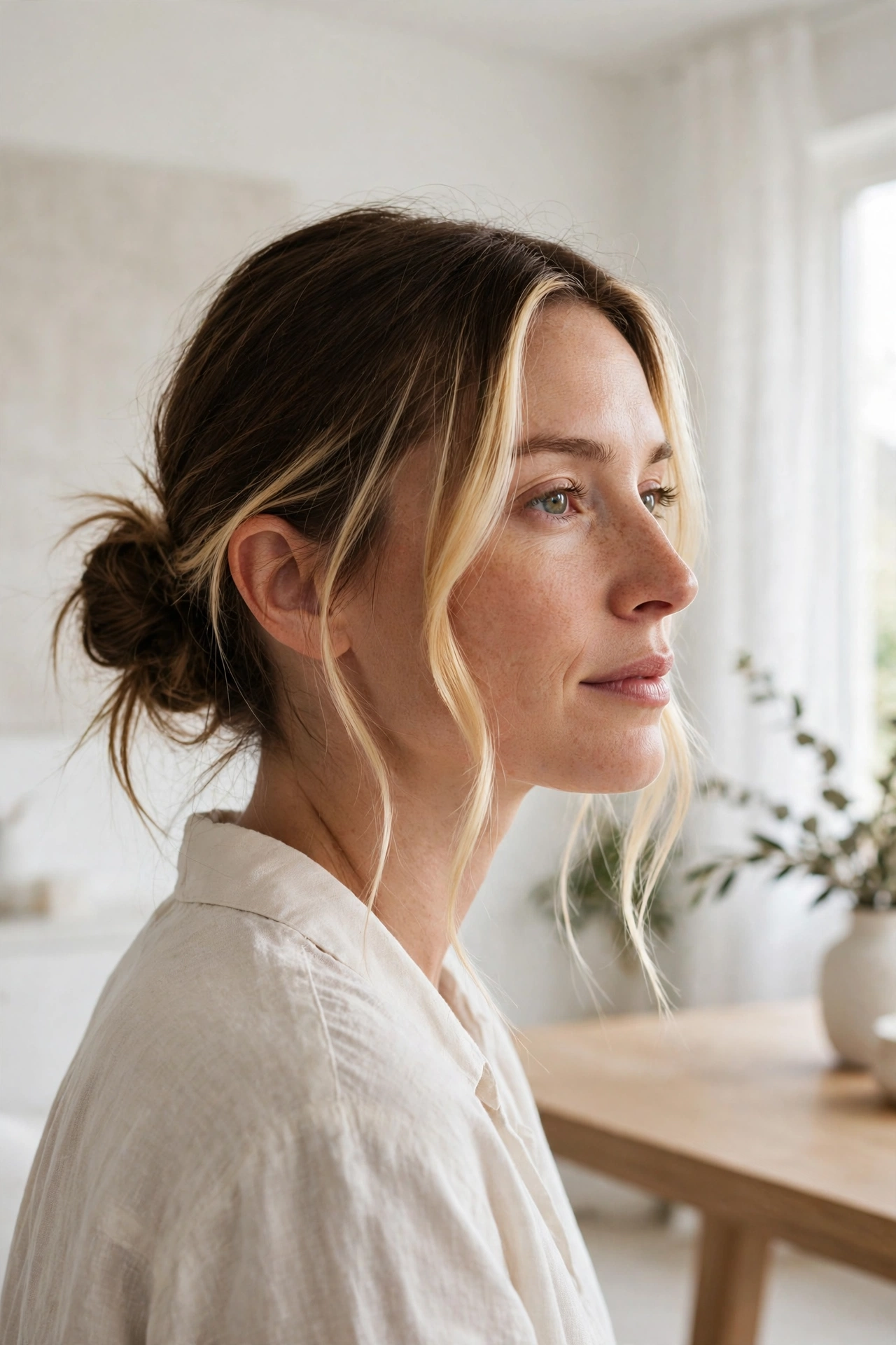 low bun with loose bright money piece tendrils framing the face, three-quarter angle, bright minimal interior