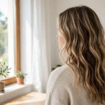 long wavy hair with rich lowlights woven through lighter strands, bright room near a window, three-quarter back angle