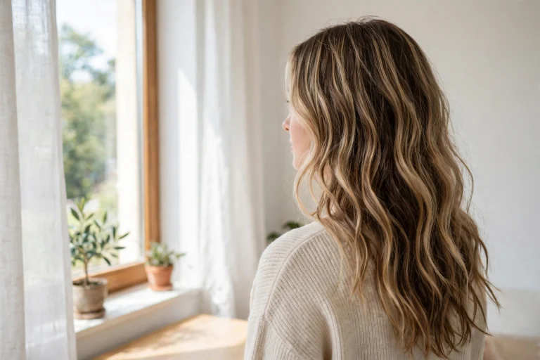 long wavy hair with rich lowlights woven through lighter strands, bright room near a window, three-quarter back angle