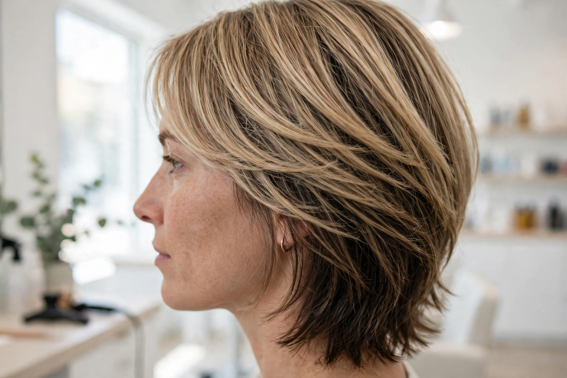 close-up side view of a layered haircut showing darker lowlight strands beneath lighter top layers, bright salon