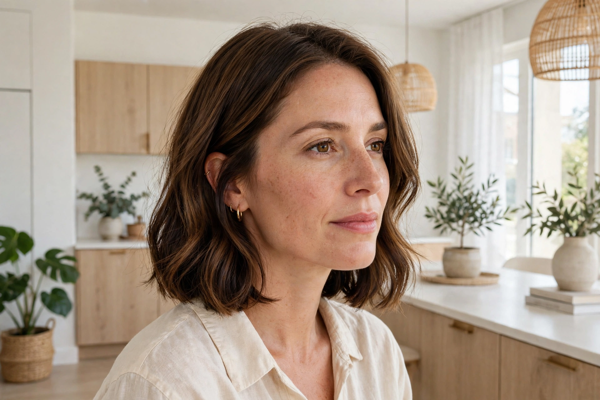 shoulder-length bob with lowlights for depth, front three-quarter angle, bright modern interior
