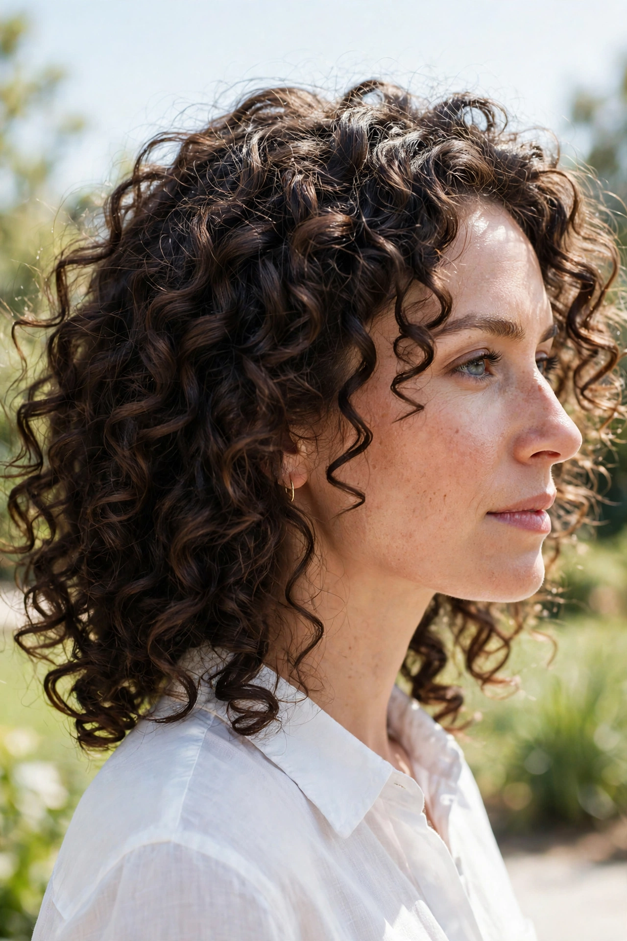 curly hair with lowlights between curls for definition, side angle in bright daylight