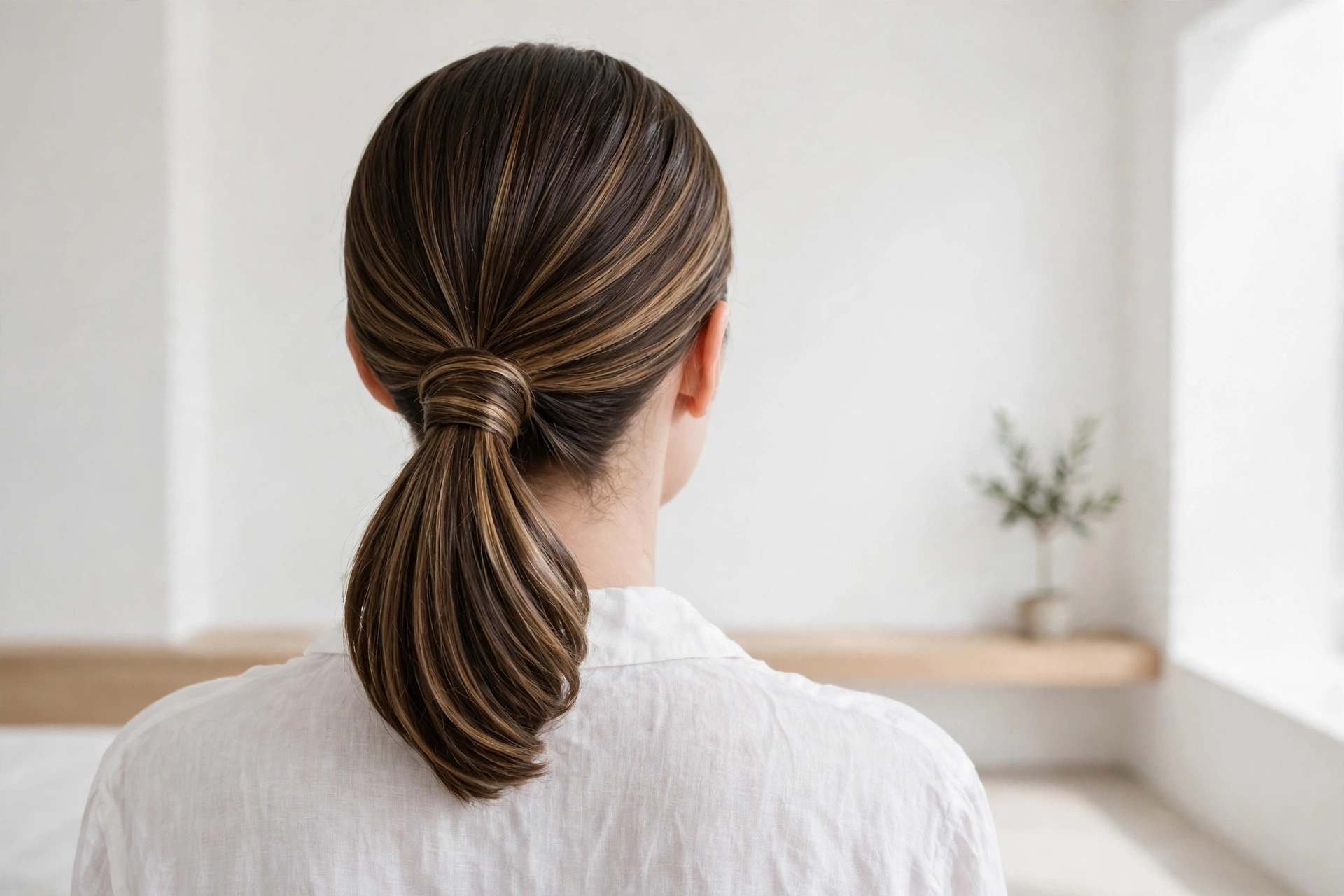 sleek low ponytail showing lowlight dimension wrapped through the gathered hair, bright minimal room, from behind