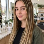 long straight hair with classic evenly placed foil highlights, bright modern salon, front three-quarter angle