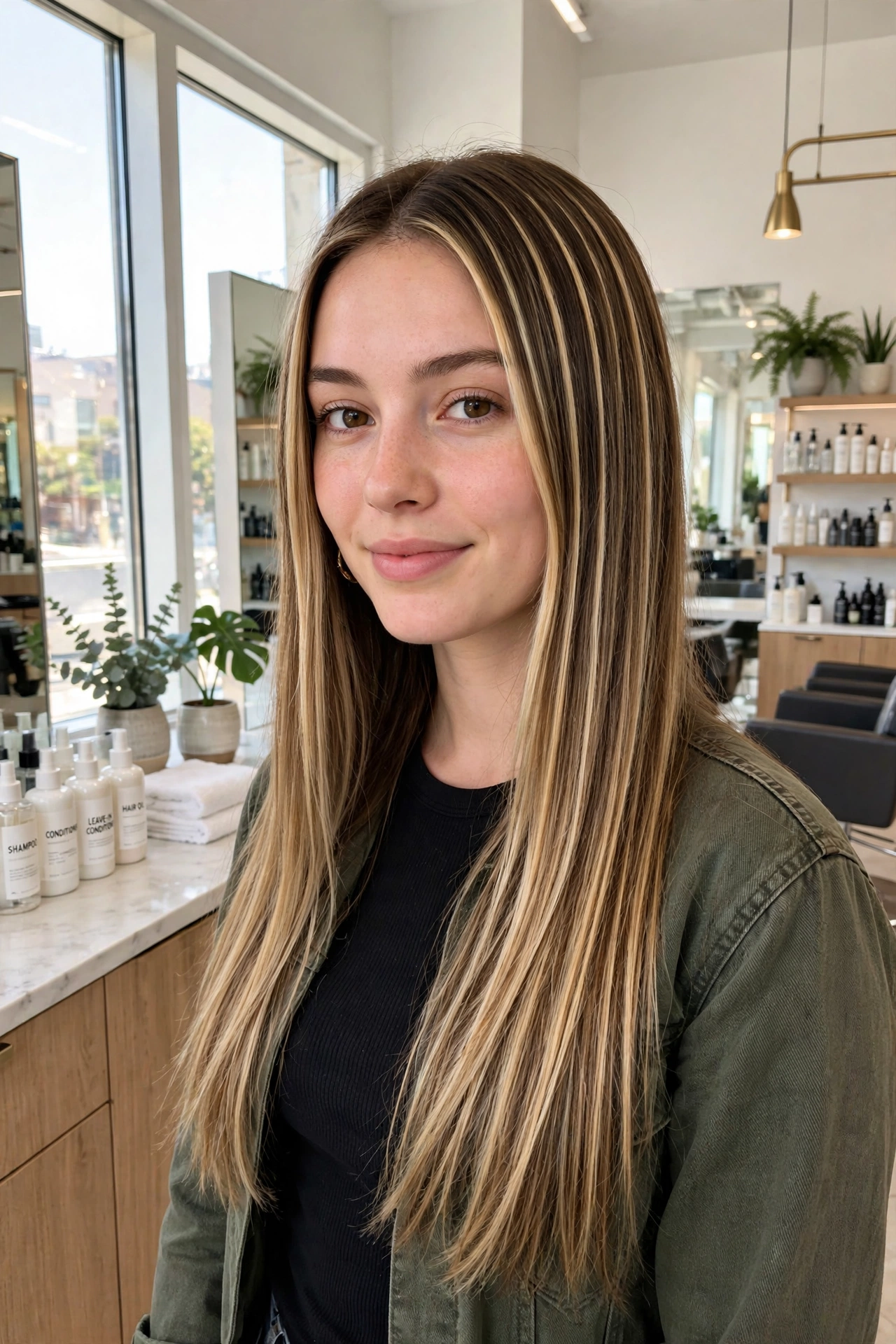 long straight hair with classic evenly placed foil highlights, bright modern salon, front three-quarter angle