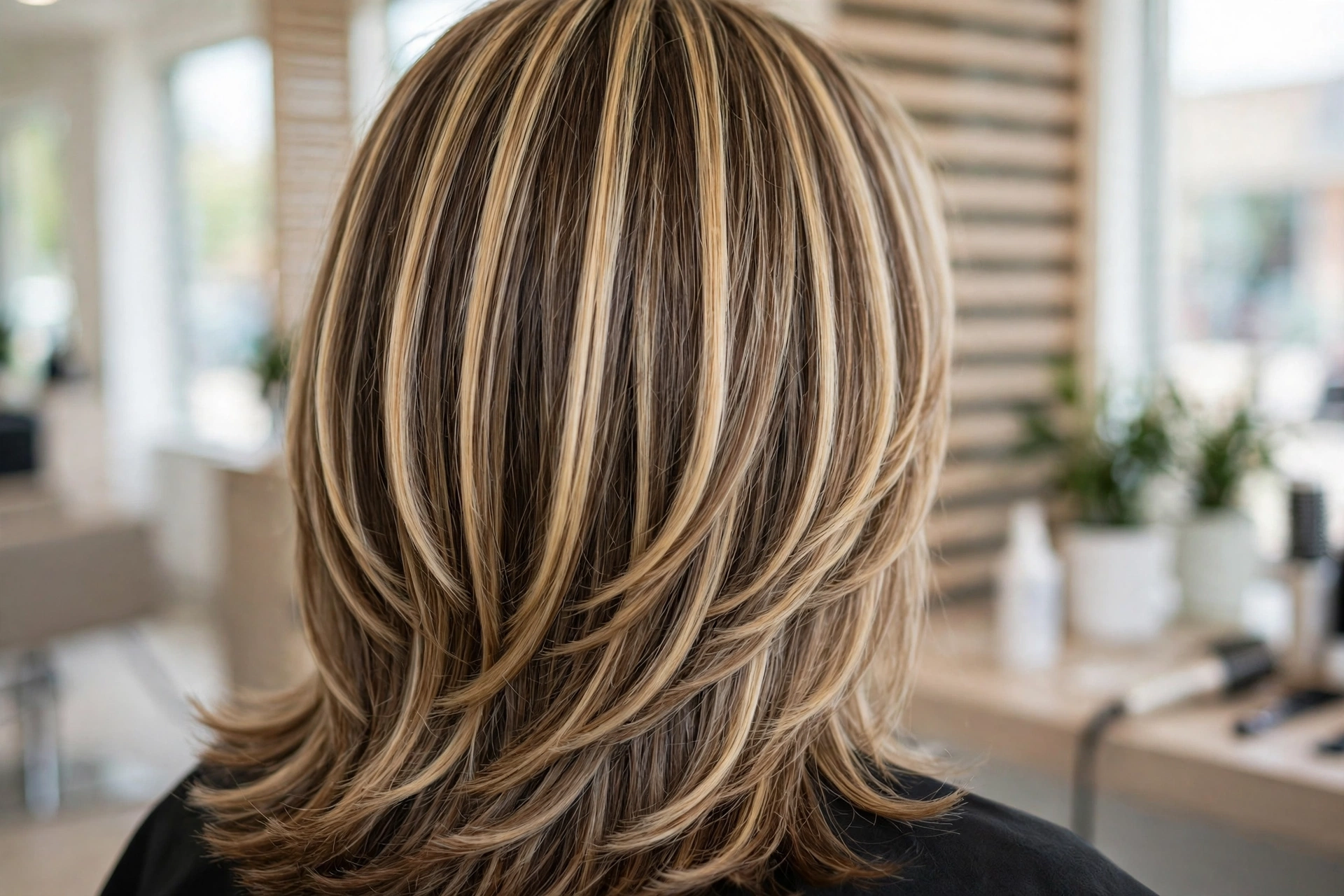 close-up back view of layered hair showing even foil highlight ribbons running through the lengths, bright salon