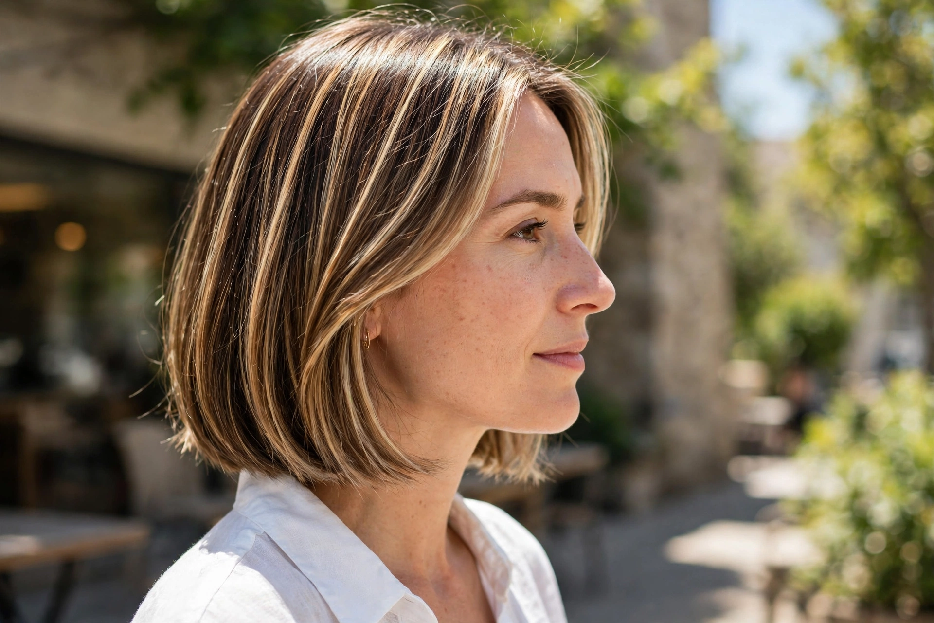 shoulder-length bob with foil highlights, side angle outdoors in bright daylight