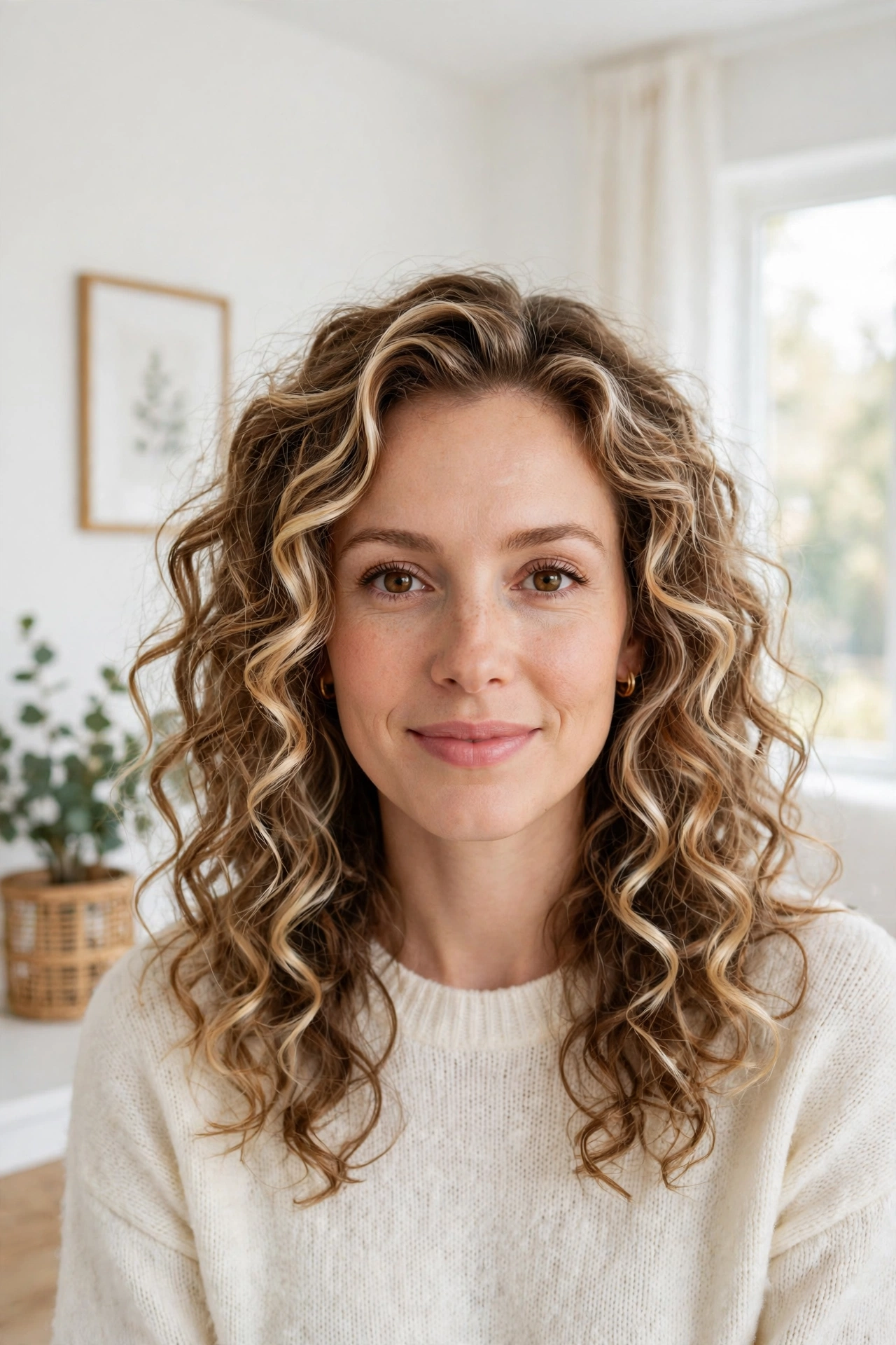 loose curls with classic foil highlights, front angle, bright airy room with white walls