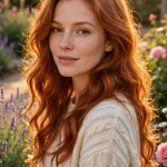 long wavy classic copper penny hair, bright sunlit garden, cream knit sweater, golden afternoon light, three-quarter view