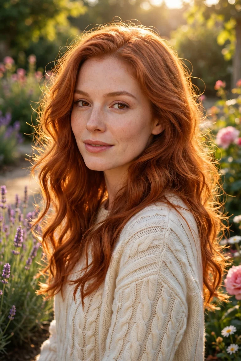 long wavy classic copper penny hair, bright sunlit garden, cream knit sweater, golden afternoon light, three-quarter view