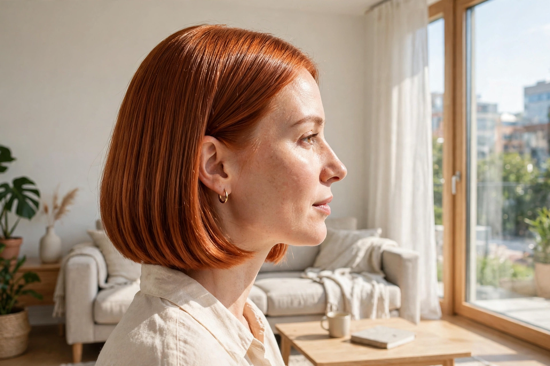 glossy copper bob, sleek straight hair, bright modern living room near a large window, side profile